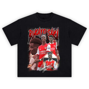 Bukayo Saka Arsenal shirt collage with fiery background and bold red name text