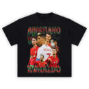 Cristiano Ronaldo Portugal shirt collage with red kits, trophy, and green-red “CRISTIANO RONALDO” text