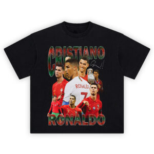Cristiano Ronaldo Portugal shirt collage with red kits, trophy, and green-red “CRISTIANO RONALDO” text