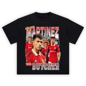 Lisandro Martinez The Butcher shirt collage with red kit, “MARTINEZ” and “THE BUTCHER” text