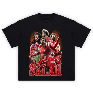 Mo Salah red collage shirt with flaming background and multiple Liverpool poses