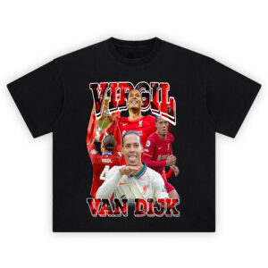 Virgil van Dijk shirt with red collage, trophy lift, and bold “VIRGIL VAN DIJK” text