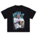 Vinicius Jr shirt with icy blue title, collage poses, and trophy kiss