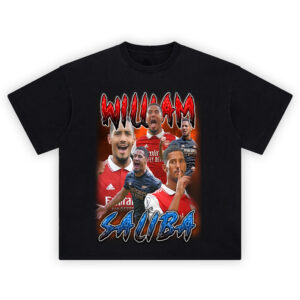 William Saliba shirt with orange background, red “WILLIAM” title, blue “SALIBA” name, and collage of Arsenal poses