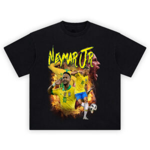 Neymar Jr Brazil shirt with neon “NEYMAR JR” title, fire ring, and collage of Brazil #10 poses