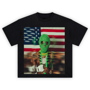NBA YoungBoy MASA Tour T Shirt featuring YoungBoy in a green mask with American flag in background