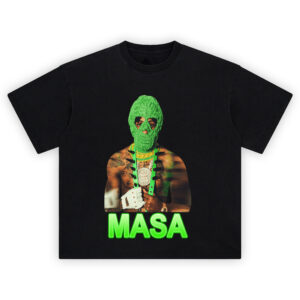 NBA YoungBoy Masa Tour Green Mask T Shirt featuring iconic tour look with ski mask and chains
