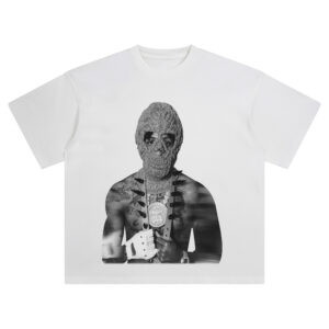 NBA YoungBoy Monochrome Masked Warrior T Shirt featuring grayscale masked portrait with chains