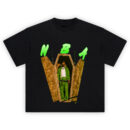 NBA YoungBoy Resurrection Coffin T Shirt with bold green graphic of YoungBoy stepping from coffin