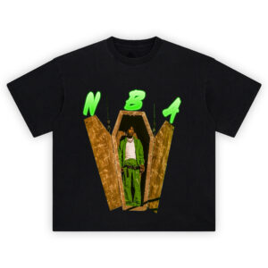 NBA YoungBoy Resurrection Coffin T Shirt with bold green graphic of YoungBoy stepping from coffin