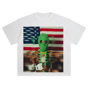 NBA YoungBoy MASA Tour T Shirt featuring YoungBoy in a green mask with American flag in background