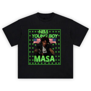 NBA YoungBoy MASA Tour Flag Stars T Shirt with glitter green text, flags, and star border
