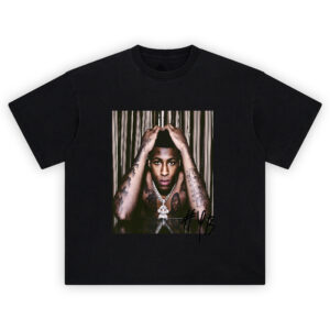 NBA YoungBoy Reflections Photo T Shirt featuring a close-up portrait with tattoos and jewelry