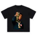 NBA YoungBoy Stackin Racks T Shirt featuring YoungBoy with a stack of money and chains