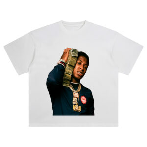 NBA YoungBoy Stackin Racks T Shirt featuring YoungBoy with a stack of money and chains