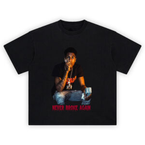 NBA YoungBoy Never Broke Again T Shirt featuring YoungBoy seated with money and bold red text