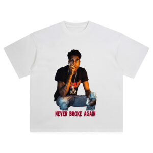 NBA YoungBoy Never Broke Again T Shirt featuring YoungBoy seated with money and bold red text