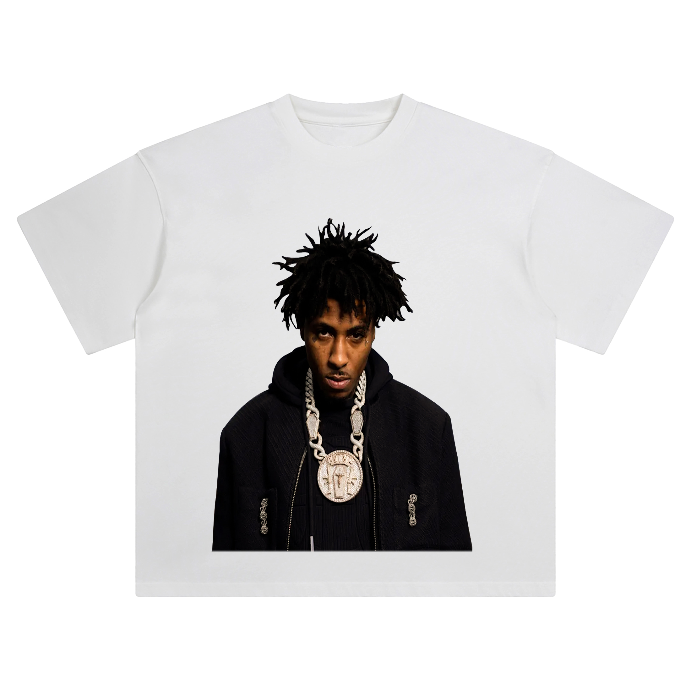 NBA YoungBoy Blacked Out Ice Chain T Shirt featuring rapper in all-black with iced medallion