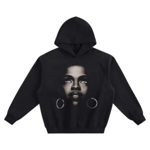 Lauryn Hill Big Face Hoodie graphic showing a centered close-up portrait of Lauryn Hill looking upward with large hoop earrings on a black hoodie.