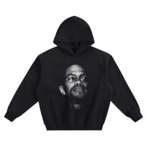 Malcolm X Big Face Hoodie with black-and-white portrait of Malcolm X wearing glasses and looking upward on black