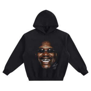Shaquille ONeal Big Face Hoodie with close-up smiling portrait wearing dark sunglasses and grills, plus a small white signature mark