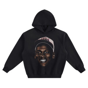 Michael Jordan Big Face Hoodie with smiling portrait wearing a USA cap on black