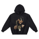 Nipsey Hussle Big Face Hoodie with portrait of Nipsey looking down with braids, beard, layered chains, and large medallion on black