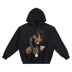 Nipsey Hussle Big Face Hoodie with portrait of Nipsey looking down with braids, beard, layered chains, and large medallion on black