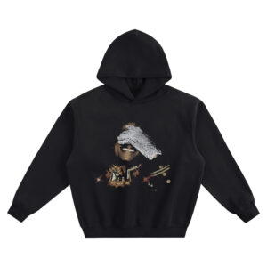 Michael Jackson Big Face Graphic Hoodie graphic showing a close-up portrait with a white glove covering the eyes, a smile, and gold star jacket details on a black hoodie.