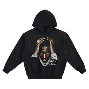 Young Dolph Big Face Hoodie with intense close-up portrait, hands on head, jewelry details, and “Young Dolph” script text