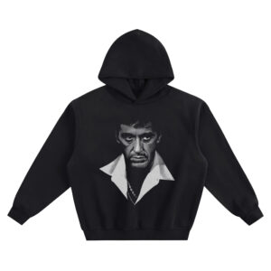 Scarface Big Face Hoodie with Tony Montana black-and-white portrait graphic on black hoodie