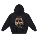 Steph Curry Big Face Hoodie with close-up portrait of Steph Curry with mouth open and mouthguard out, plus a signature-style mark on black
