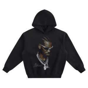 Shai Gilgeous-Alexander Braids Shades Big Face Hoodie graphic showing a three-quarter portrait with braided hair, white-frame sunglasses, stud earring, layered chains with pendant, and signature detail on a black hoodie.