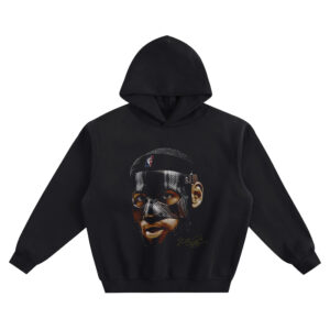 LeBron Mask Big Face Hoodie graphic showing a close-up portrait with a dark face mask, NBA logo headband, visible beard detail, and gold signature mark on a black hoodie.