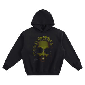 Future Big Face Hoodie graphic showing a green-toned close-up portrait with round dark sunglasses, short twisted dreadlocks, a smiling expression, and a small signature mark on a black hoodie.