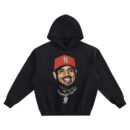 Chris Brown Red Cap Big Face Hoodie graphic showing a centered portrait of Chris Brown in a red cap with a wide grin, stud earrings, and layered gold chains with a large pendant on a black hoodie.
