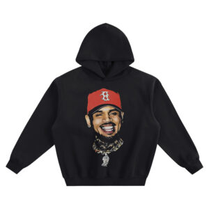 Chris Brown Red Cap Big Face Hoodie graphic showing a centered portrait of Chris Brown in a red cap with a wide grin, stud earrings, and layered gold chains with a large pendant on a black hoodie.