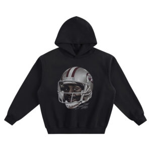 Jerry Rice Big Face Hoodie graphic showing a close-up portrait of Jerry Rice inside a silver helmet with red stripes, SF logo, and “Jerry Rice #80” signature on a black hoodie.
