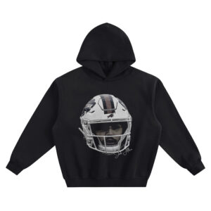 Josh Allen Big Face Hoodie featuring a close-up Buffalo football helmet portrait with facemask and script signature