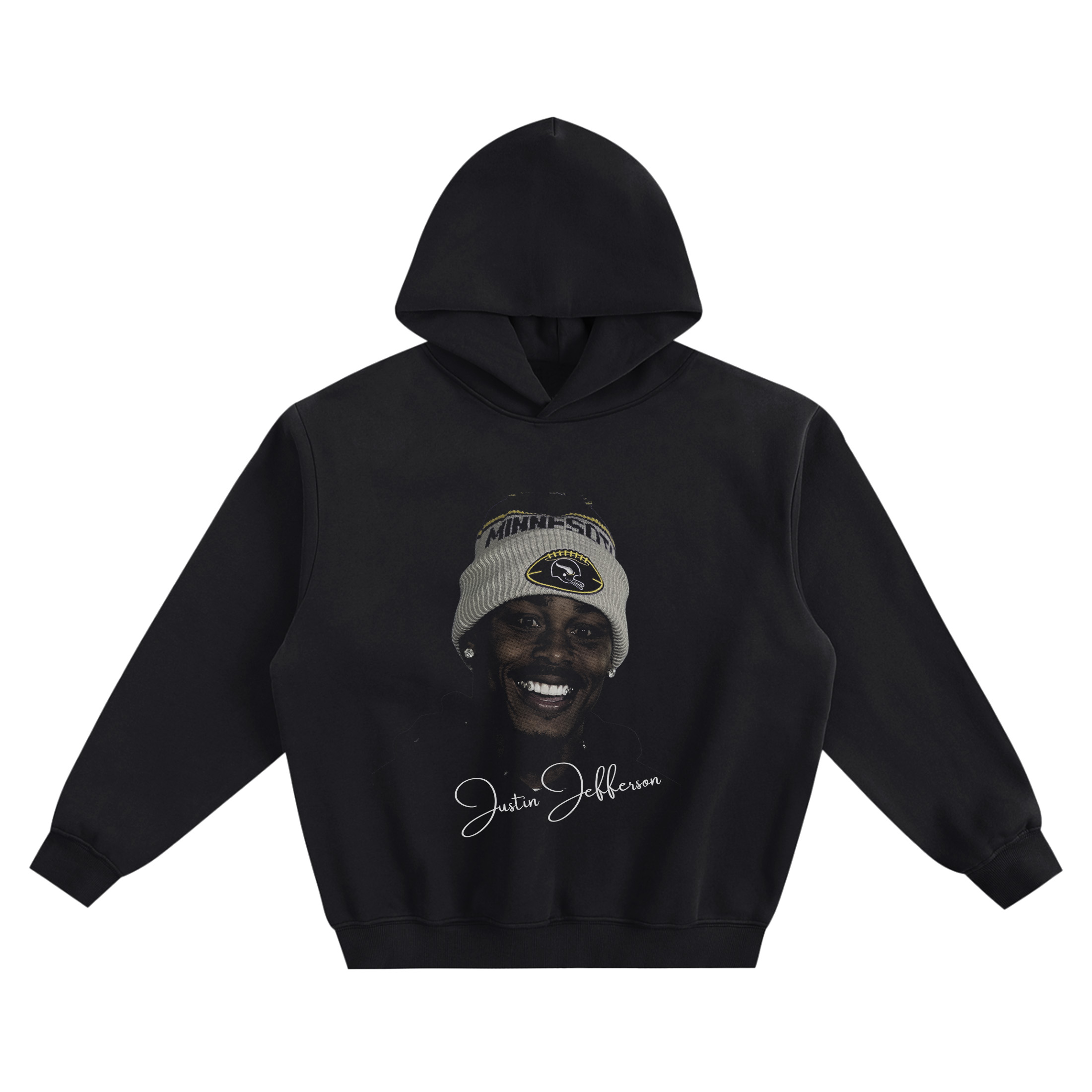 Justin Jefferson Big Face Hoodie graphic showing a smiling close-up portrait wearing a white “MINNESOTA” beanie with Vikings logo patch and a large “Justin Jefferson” signature on a black hoodie.