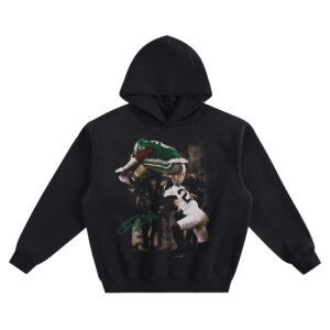 Saquon Barkley Hoodie featuring airborne hurdle football highlight graphic with green uniform and signature-style mark
