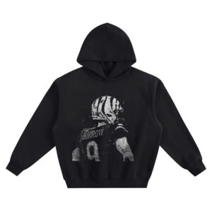 Joe Burrow Big Face Hoodie with #9 “BURROW” back-view graphic and striped football helmet