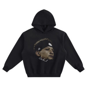 Patrick Mahomes Big Face Hoodie featuring side-profile portrait with black #15 headband, arrowhead emblem, and signature-style script