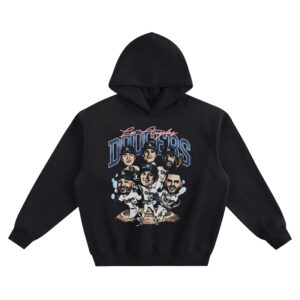 Black hoodie featuring Los Angeles Dodgers Hoodie front graphic with Los Angeles Dodgers caricature players and large “DODGERS” lettering.