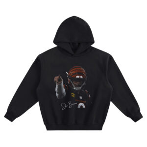 Joe Burrow Hoodie with orange tiger-stripe helmet portrait, pointing pose, black jersey details, and Joe Burrow script signature