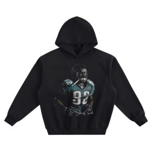 Jimmy Smith Hoodie with teal number 82 football portrait, black helmet, halftone texture, and Jimmy Smith script signature