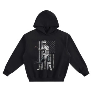 Dan Marino Hoodie with #13 quarterback throwing pose over an American flag background and signature-style script