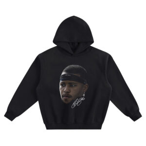 Saquon Barkley Big Face Hoodie graphic showing a close-up side-profile portrait wearing a dark headband with a small earring and a signature-style mark on a black hoodie.