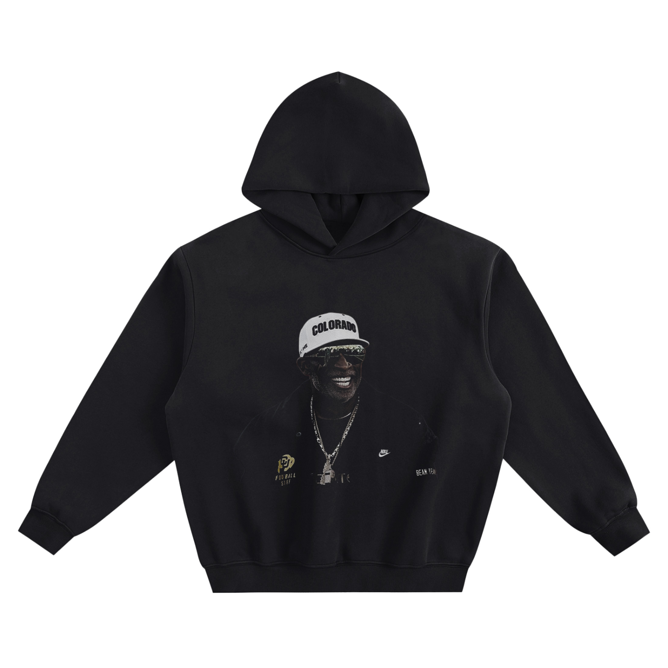 Deion Sanders Big Face Hoodie graphic with Coach Prime smiling in a white COLORADO cap and mirrored sunglasses