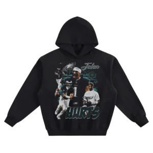Jalen Hurts Graphic Hoodie – Eagles Action Collage featuring layered Eagles portraits, football action poses, the team logo, and bold HURTS lettering.